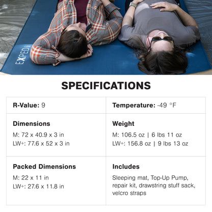 Exped DeepSleep Mat Duo Medium - Self Inflating Firm Car Sleeping Mat, 3” Foam Pad, Pump Included