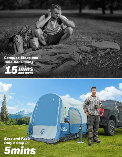 JOYTUTUS Inflatable Truck Bed Tent 6.5FT with Awning, Includes Air Pump for Quick 30 S Setup, Dual-use Pickup or Camping Tent for 2 Person, Waterproof Roof Shade and 3 Windows, Gray Blue