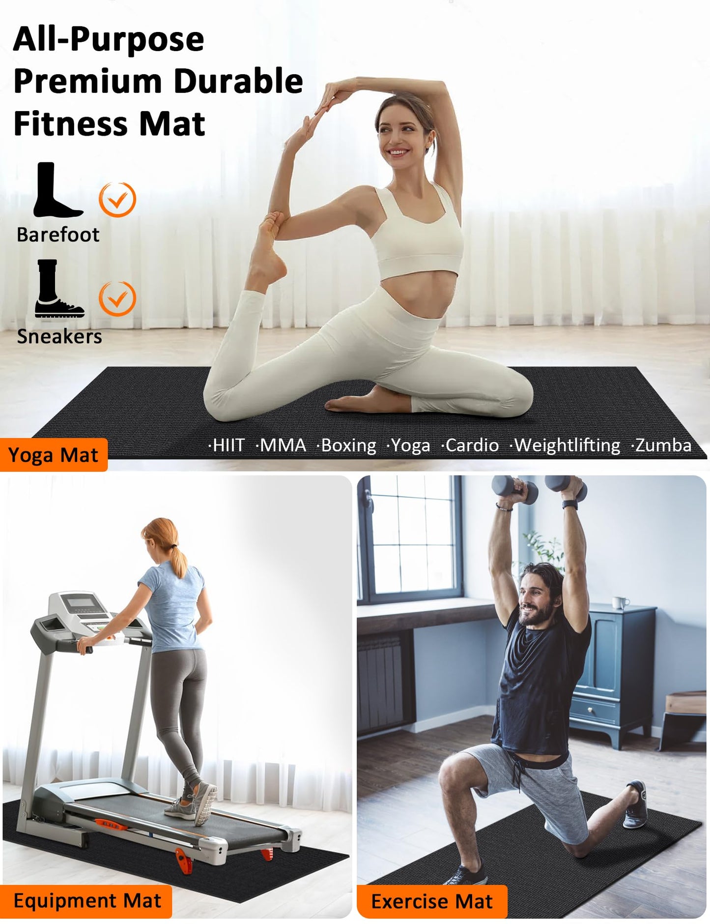 Large Workout Mat 6'x2' & 6'x4' - Home Gym Flooring for Weightlifting, Jump Rope, MMA, Yoga, Cardio, Stretch, Plyo, HIIT - Shoe-Friendly