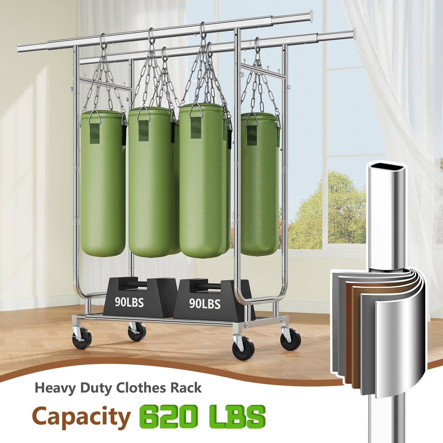 Heavy Duty Rolling Clothes Rack, 620 LBS Load Double Rod Adjustable Garment Rack with Storage Shelves & Lockable Wheels, Portable Clothing Rack for Hanging Clothes for Bedroom, Laundry Living Room