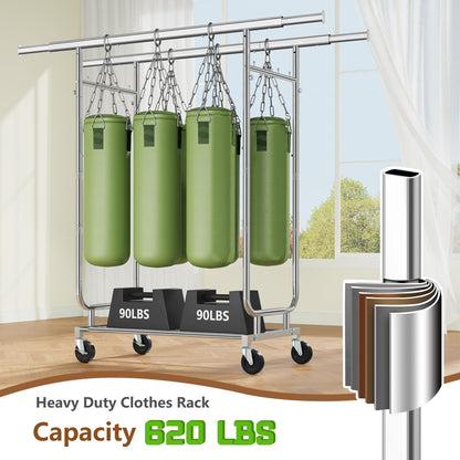 Heavy Duty Rolling Clothes Rack, 620 LBS Load Double Rod Adjustable Garment Rack with Storage Shelves & Lockable Wheels, Portable Clothing Rack for Hanging Clothes for Bedroom, Laundry Living Room