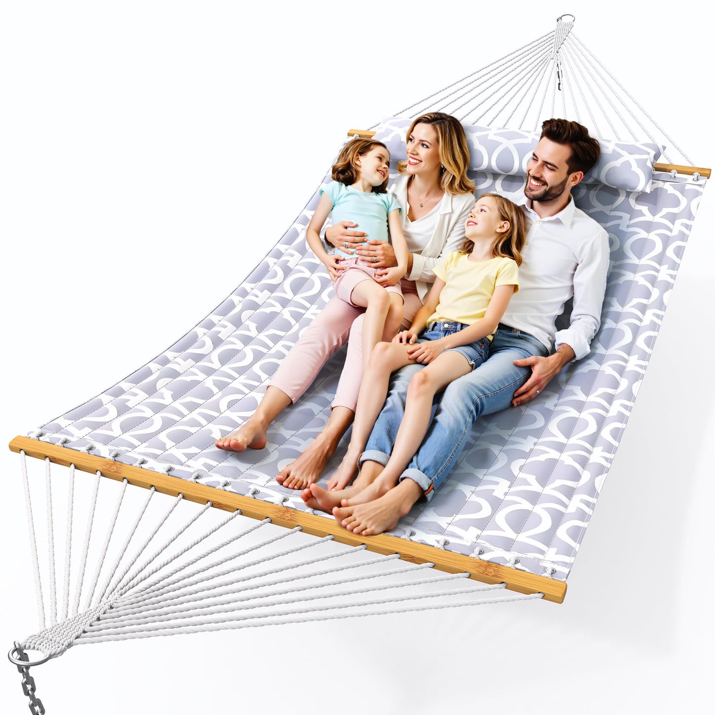 Everyfun Double Hammock with Spreader Bar,Soft Pillow,Max Load 500lbs,Portable Hammock for Outdoor,Camping,and Backyard,White Gray
