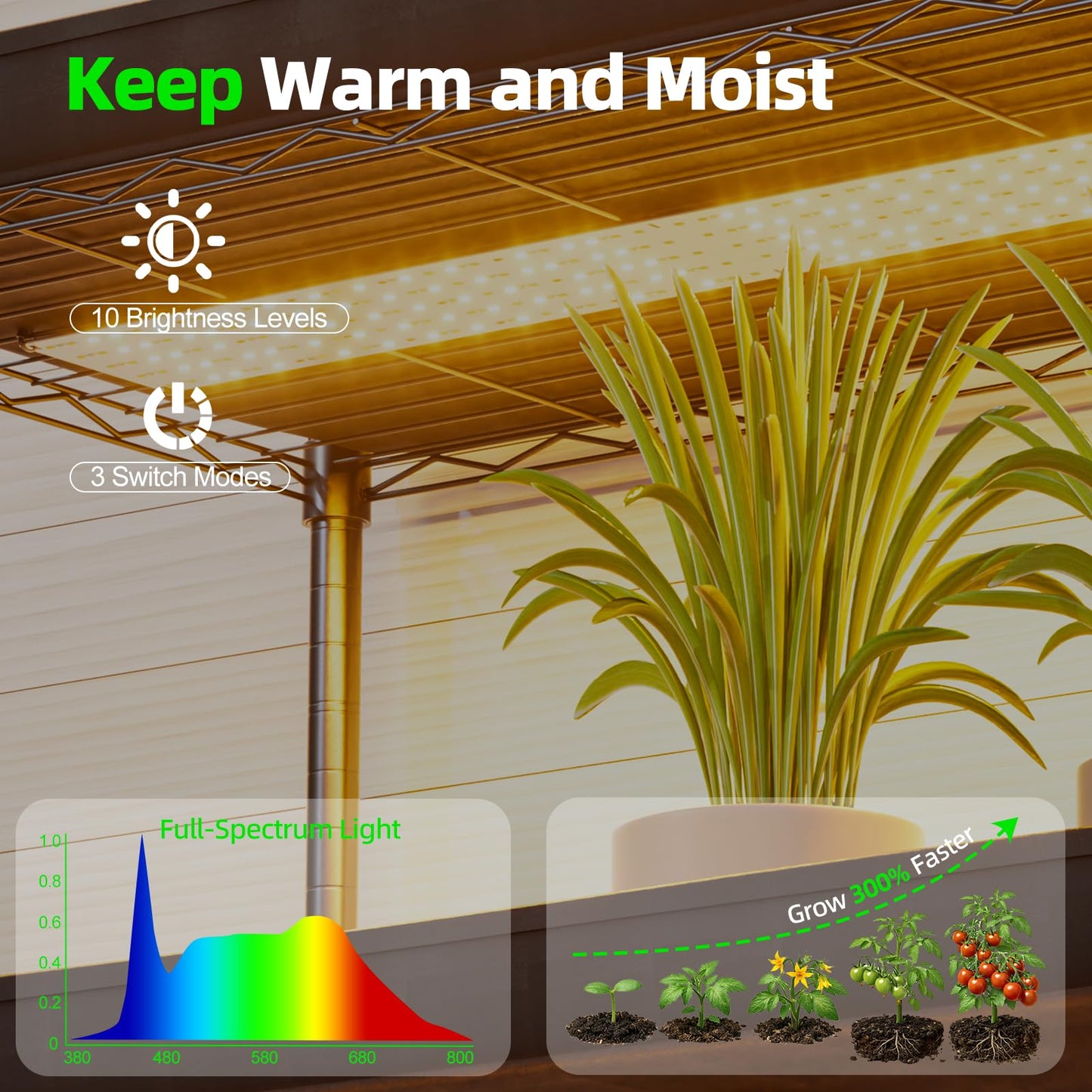 SPECILITE Plant Stand with Grow Tent Lights, 1680D High Reflective Cover, 10-Level Full Spectrum 5000K LEDs, 4-Tier Adjustable Metal Greenhouse（250 Lbs for Plant Growth, Seed Starting, 28"x14"x59"
