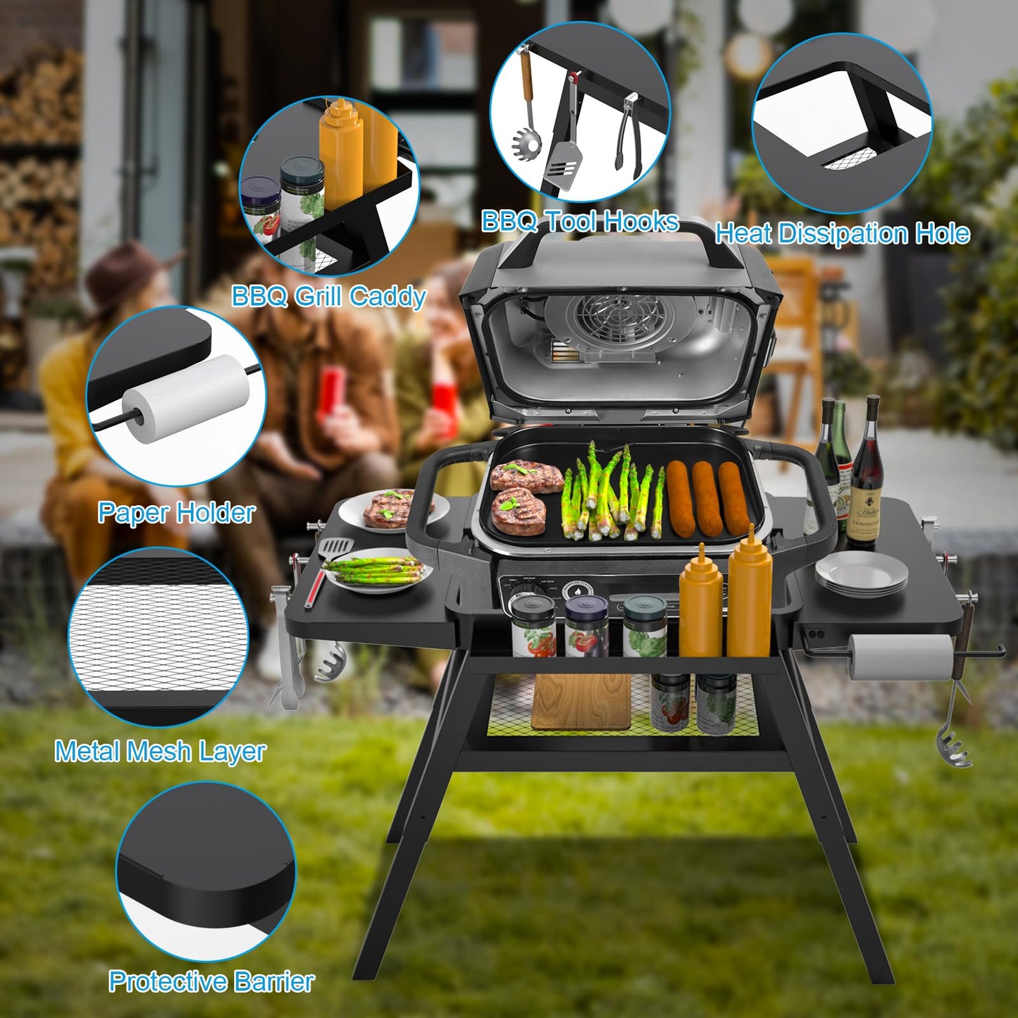 Grill Stand for Ninja Woodfire Outdoor Grills, Portable Adjustable Grill Cart Table for Ninja XSKUNSTAND OG700 OG800 OG900 OO101 Series & for Artisan MO201 Pizza Oven Stand Accessories with Shelves