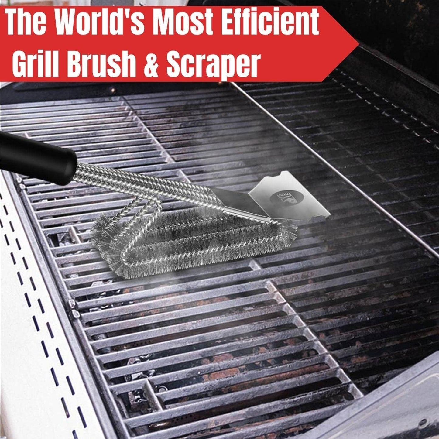 KITCHEN PERFECTION Grill Brush - Safe Wire BBQ Cleaner with Scraper & Mat | Extended Handle for Easy Cleaning