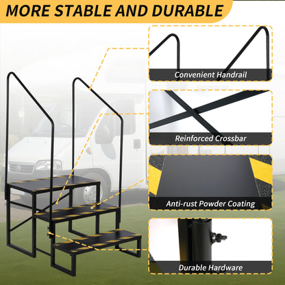 foriy RV Steps with Handrail and Platform, Camper Steps 3 Step Outdoor Hot Tub Mobile Home Stairs Anti-Slip for Travel Trailer Motor Home Boat Camper and Porch for Dogs Elder Child