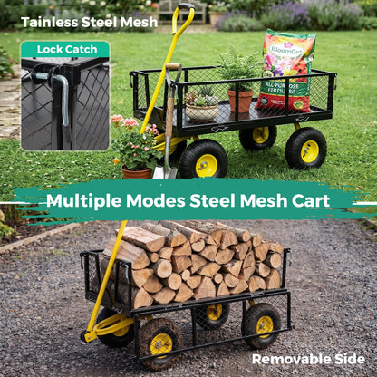 SUNNYFEEL 900 LBS Heavy Duty Steel Garden Cart, Utility Garden Wagon Cart with 10" Flat-Free Wheels and Removable Sides, All Season Yard Cart with 180° Adjustable Handle