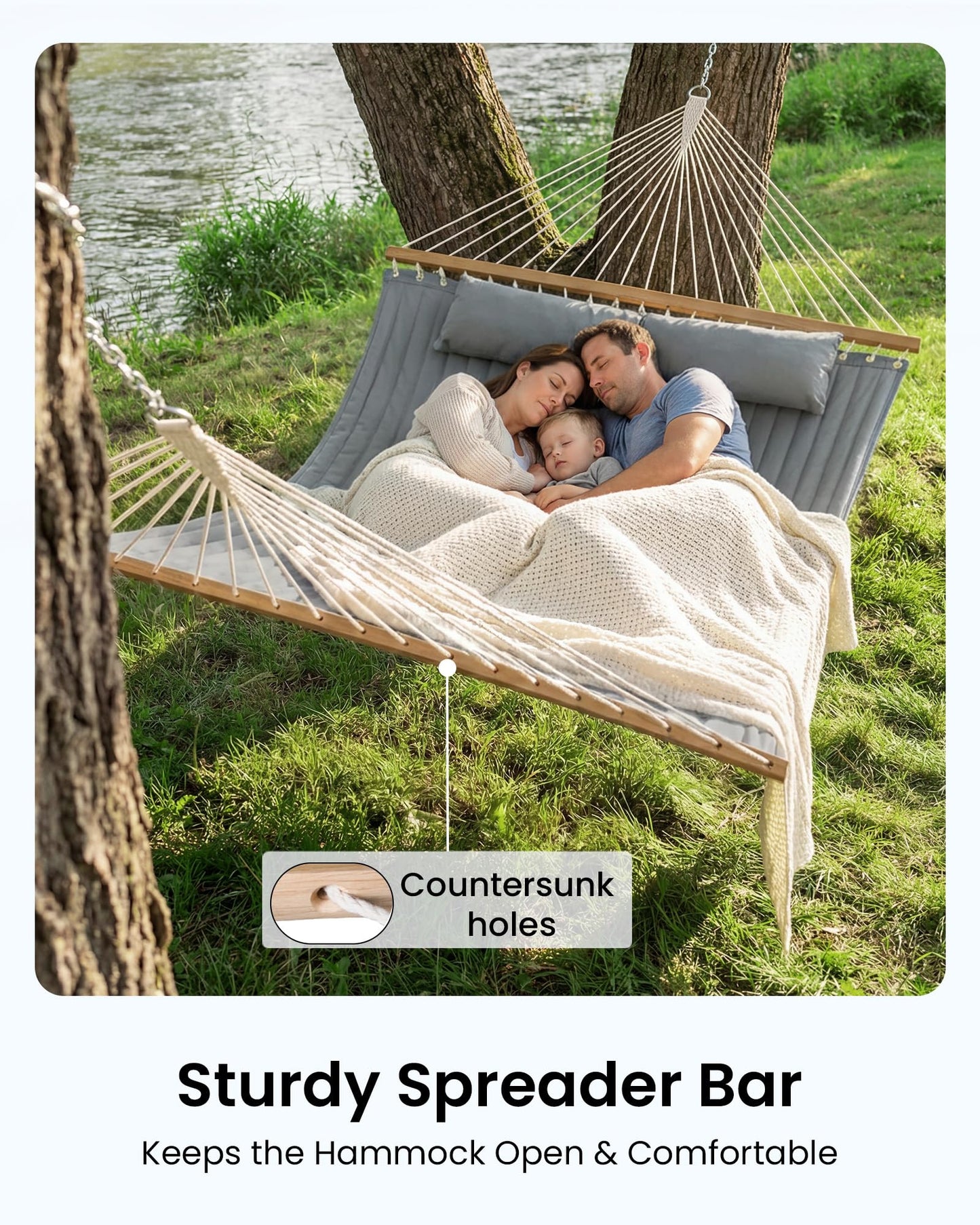 ANAGOO Double Hammock with Spreader Bar & Pillow, 2-Person Portable Hammock, 500lbs Capacity for Outdoor Camping, Patio, Backyard, Garden, Beach & Travel Relaxation – Gray