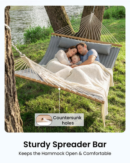 ANAGOO Double Hammock with Spreader Bar & Pillow, 2-Person Portable Hammock, 500lbs Capacity for Outdoor Camping, Patio, Backyard, Garden, Beach & Travel Relaxation – Gray