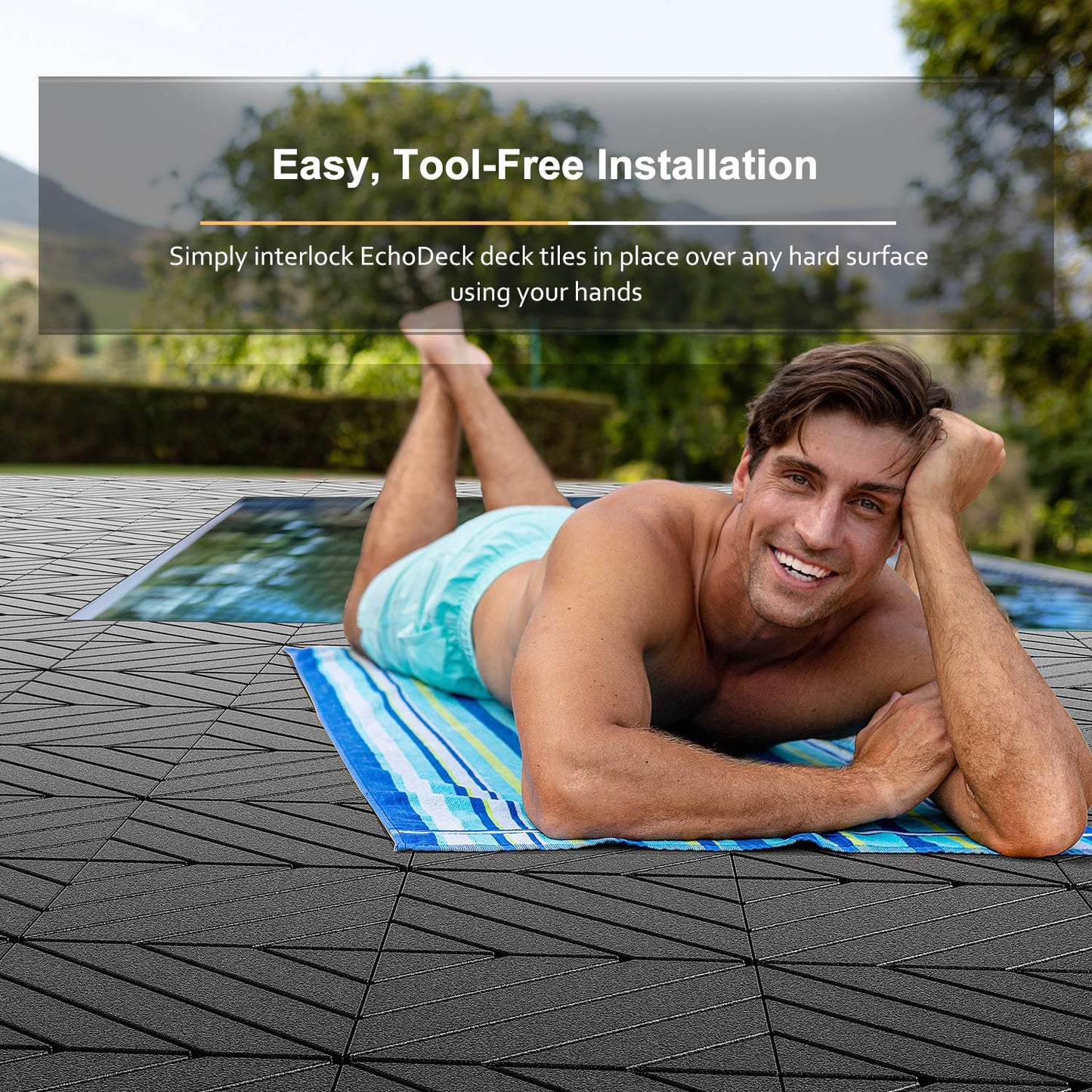 EchoDeck Interlocking Deck Tiles,36 Pack Patio Tiles Outdoor Interlocking All Weather,Patio Deck Tiles,12"x12",Diagonal,Sturdy Base,Highly Durable,Stylish,Non-Slip,Faster-Drying,Efficient,Dark Grey