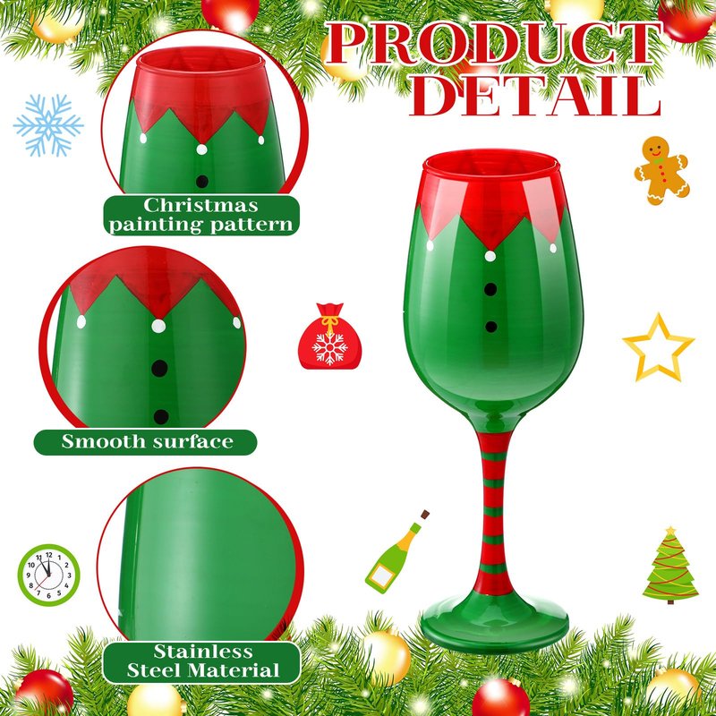 CPEGHDVM 4 Pcs Christmas Wine Glasses 16.8 Oz Set Santa Belt Snowman Drinking Goblets Cups Xmas Hand Painted Wine Cup Glass for Home Bar Diner Birthday Wedding Christmas Party Favors