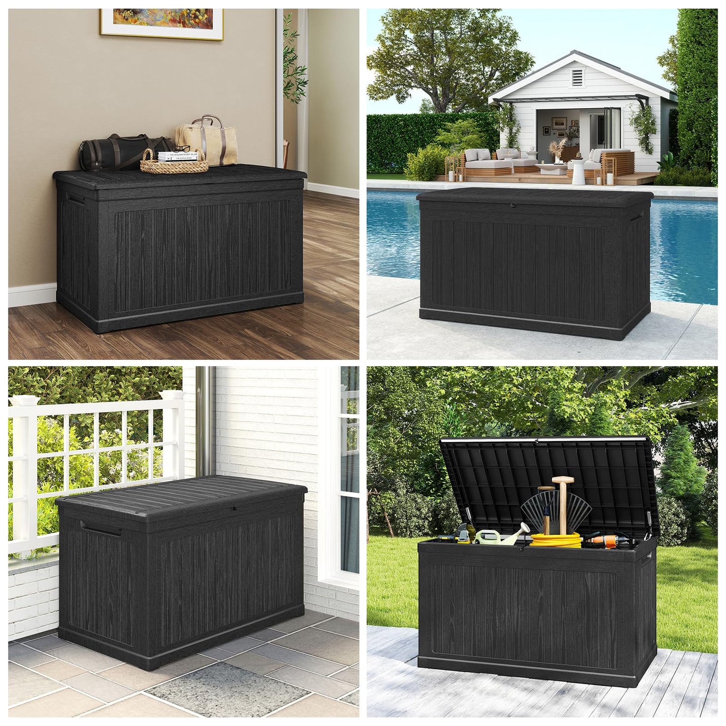 Skepphlay 230 Gallon Deck Box Large Outdoor Storage Box, Black Waterproof Deck Storage Bench, 440 lbs Load Capacity Outdoor Storage Bin for Garden, Patio, Pool, Boat