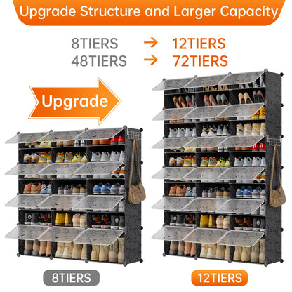 MAGINELS 72-Pairs Shoe Storage Organizer Cabinet,Portable Shoe Rack Organizer with Door,Large DIY Plastic Detachable Shoes Shelves for Entryway,Bedroom,Black
