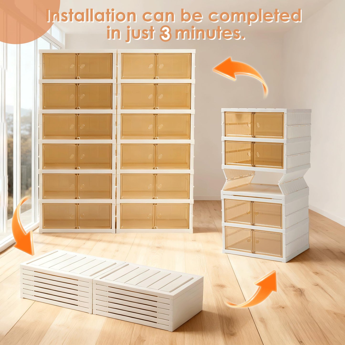 Folding Shoe Rack Storage Device,Large Plastic Folding Shoe Cabinet, Easy to Assemble Shoe Rack Storage Cabinet with Transparent Door Magnetic Buckle (6 Layers, 2 Groups, 24 Pairs)
