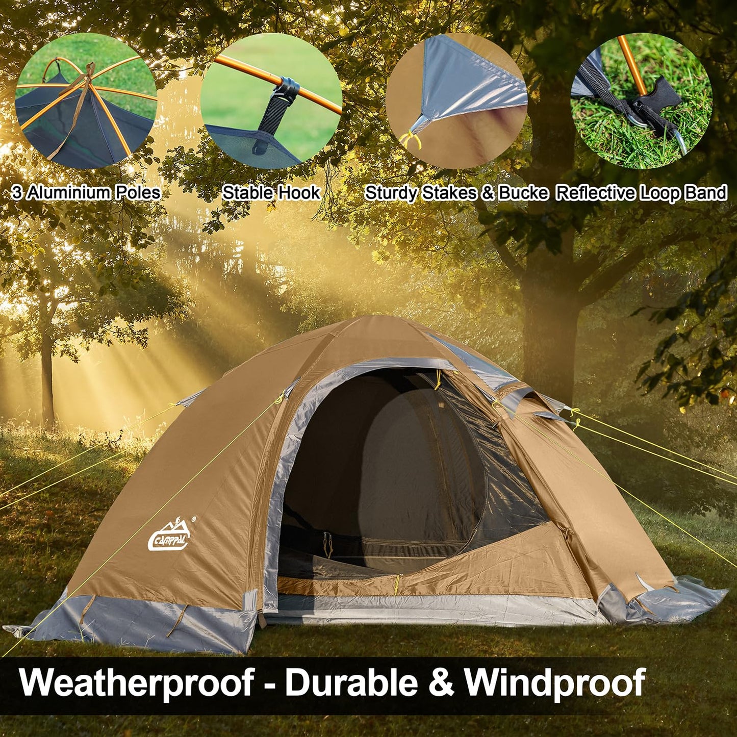 Camppal 2 Person Backpacking Tent, Waterproof 4 Season Tent, Windproof Rainproof Cold Weather Winter Tent for Camping, Hiking, Hunting, Motorbiking, Cycling - Khaki