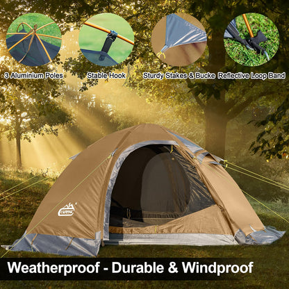Camppal 2 Person Backpacking Tent, Waterproof 4 Season Tent, Windproof Rainproof Cold Weather Winter Tent for Camping, Hiking, Hunting, Motorbiking, Cycling - Khaki