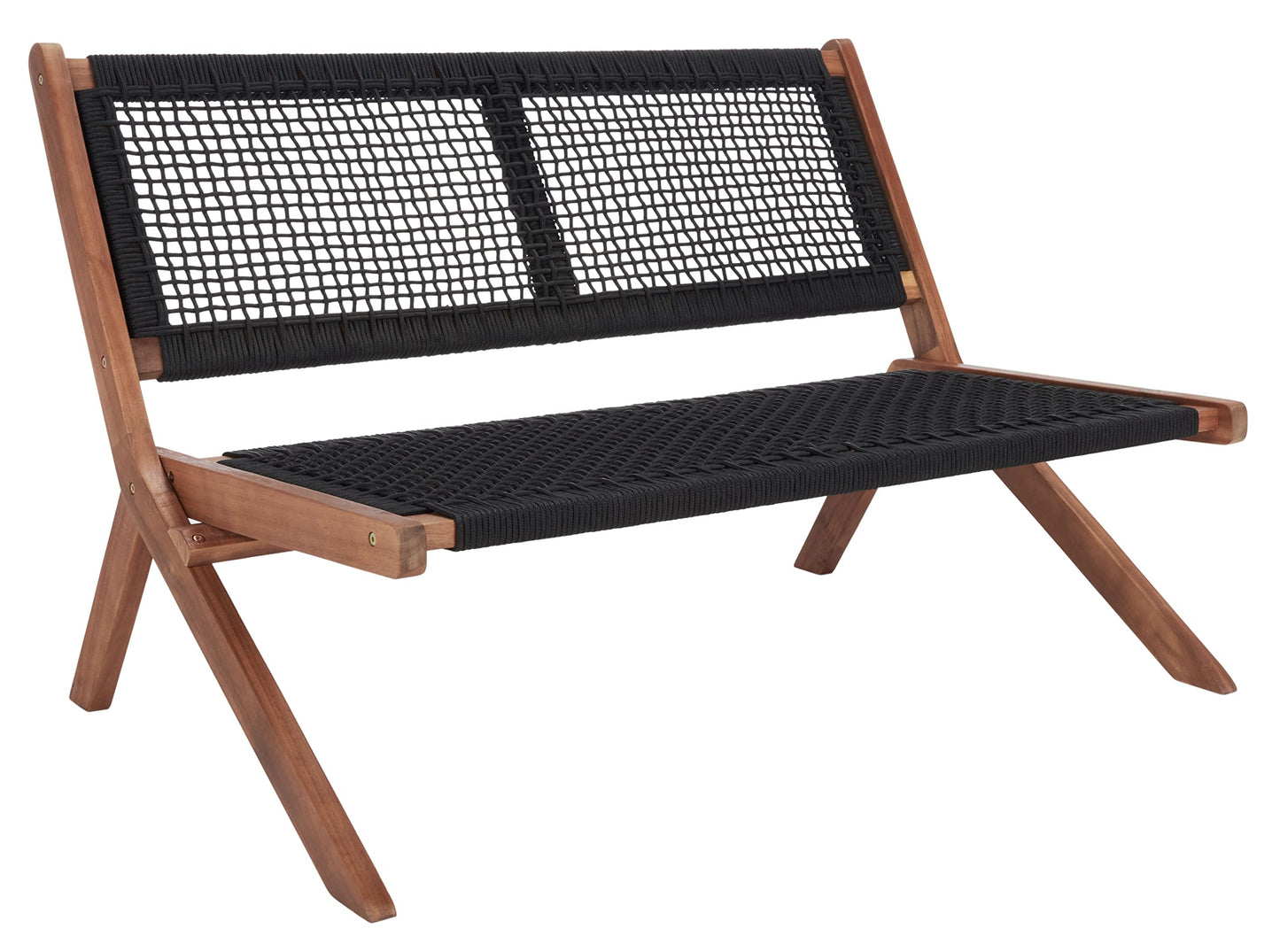 SAFAVIEH Outdoor - Kobina Folding Bench - Natural & Black - Solid Wood and Rope - Modern Sculpted Folding Design - Ideal for Patio, Deck, Porch, Backyard, 13.8" Seat Height (PAT7304E)