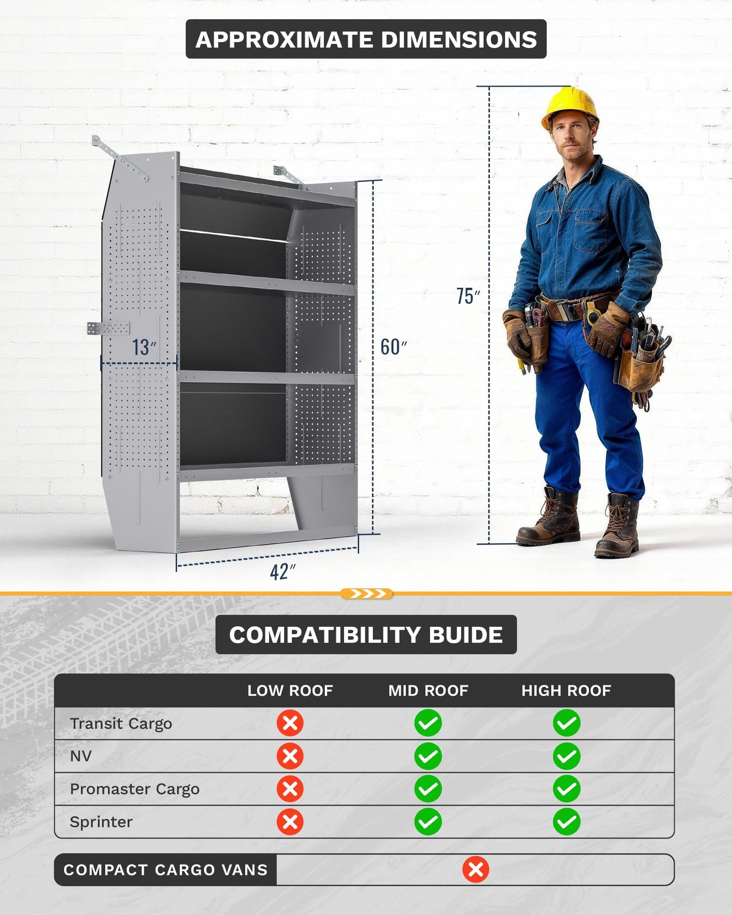 KRL Products SV-4260 Steel Mid/High Roof Van Shelving Storage System Fits Transit, NV, Promaster and Sprinter, Van Shelving Units, 42''W * 60''H * 13''D