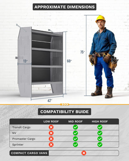 KRL Products SV-4260 Steel Mid/High Roof Van Shelving Storage System Fits Transit, NV, Promaster and Sprinter, Van Shelving Units, 42''W * 60''H * 13''D