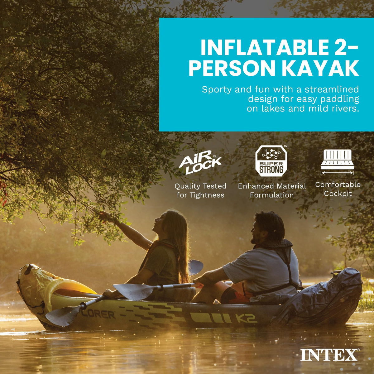 Intex 2-Person Inflatable Kayak Set w/ Pump, Aluminum Oars, Adjustable Seats, Explorer K2 - Tandem Blow-up Raft for Adults, Great for Lakes or Rivers