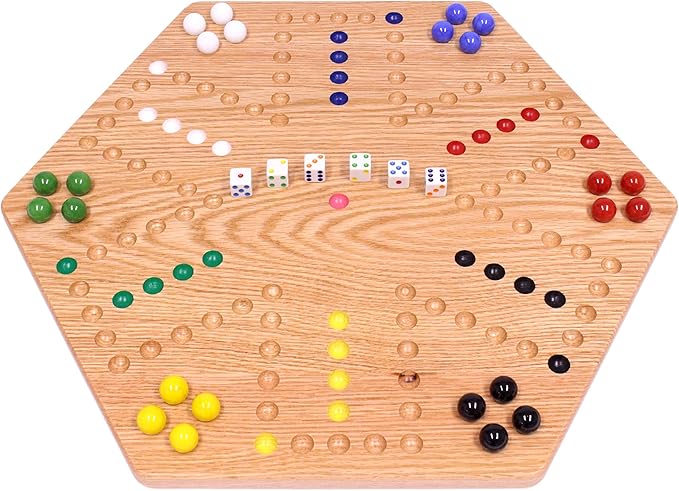 AmishToyBox.com Wahoo Marble Game Board Set - 20 Wide - Solid Oak Wood - Double-sided - with Large 18mm Marbles and Dice Included
