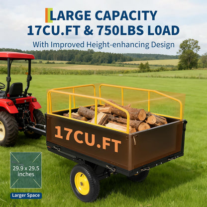 Lawn Mower Trailer ATV Dump Cart Tow Behind, 600 Lb Capacity, 17 Cu.ft, Heavy Duty Steel Garden Utility Trailer with All Terrain Tires & Removable Sides for Yard Lawn