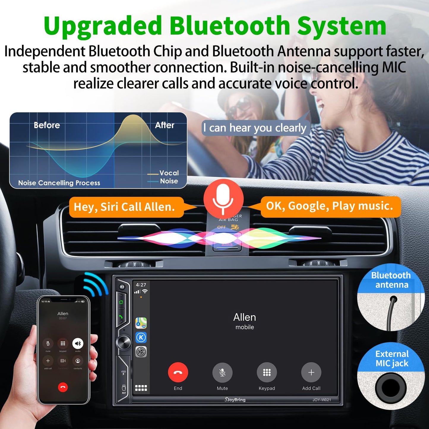 SJoyBring [QLED Screen Upgrade] 7" Double Din Car Stereo with Dash Cam, Wireless Apple CarPlay and Android Auto, Bluetooth, 240W 4.2-Channel Audio Output, MirrorLink, Backup Camera, AM/FM Car Radio