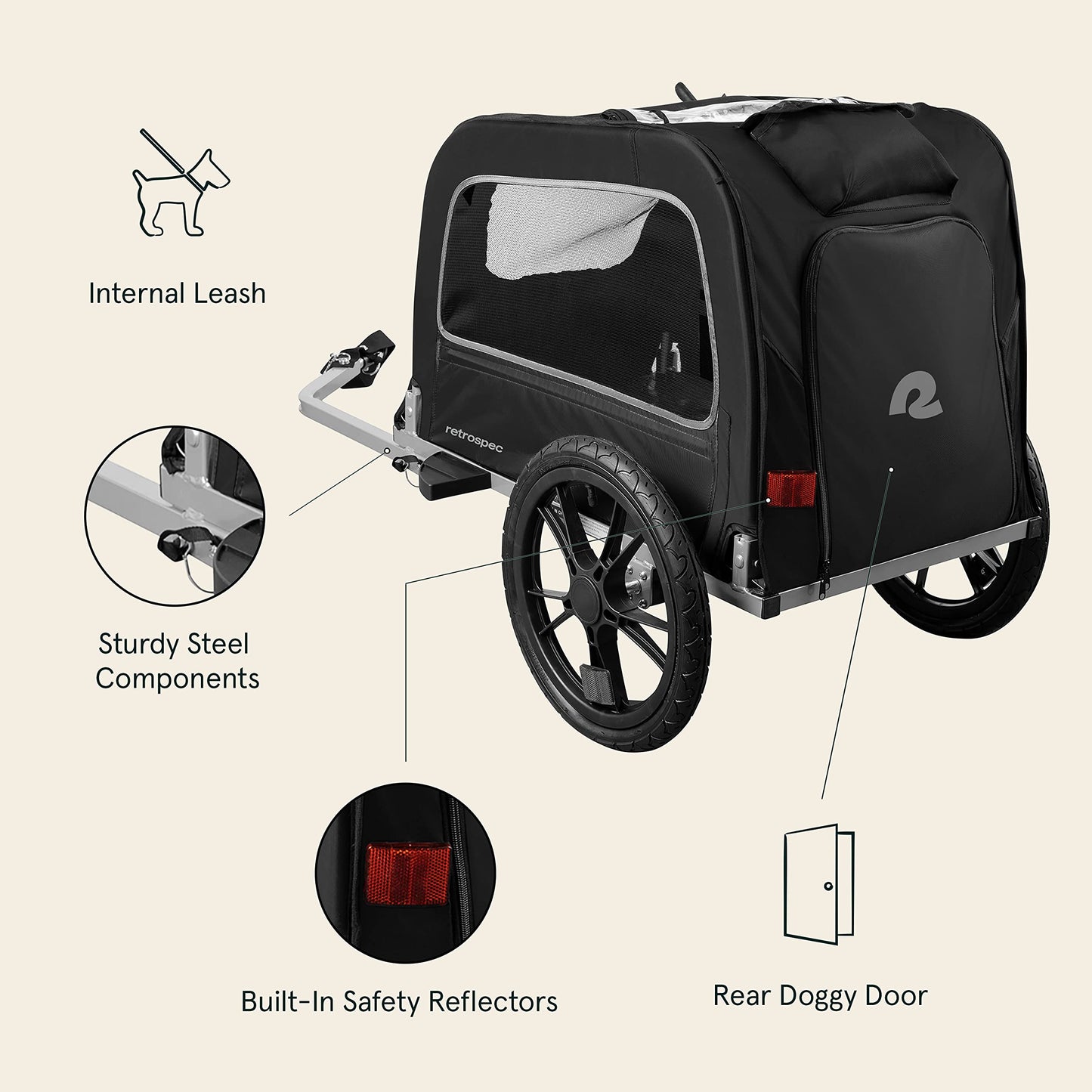 Retrospec Rover Hauler Pet Bike Trailer - Small & Medium Sized Dogs Bicycle Carrier - Foldable Frame with 16 Inch Wheels - Non-Slip Floor & Internal Leash - Black, One Size