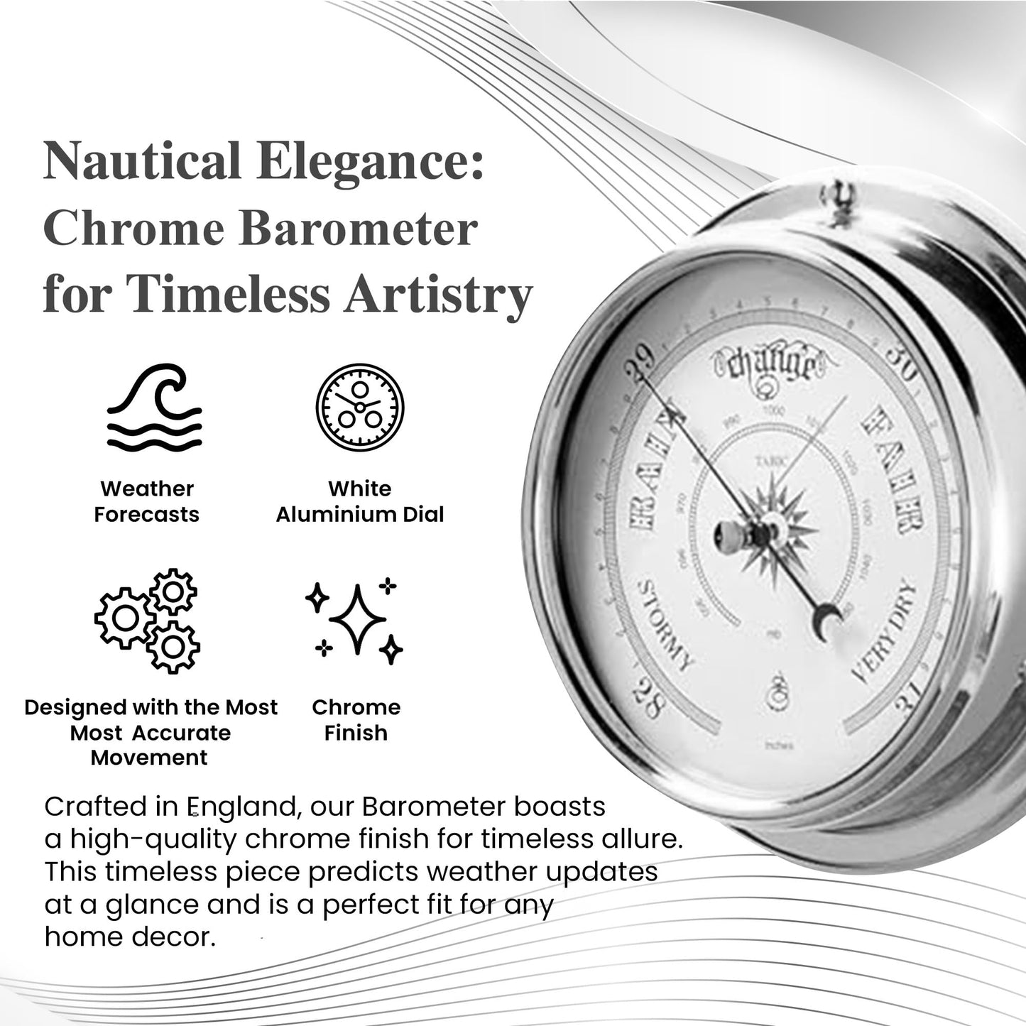 Tabic Traditional Barometer with Heavy Brass Case, Chrome Plated, Handmade in England (1/2kg) - Weather Predictor for Home and Office - Mounted Atmospheric Pressure Gauge in Elegant Chrome Finish