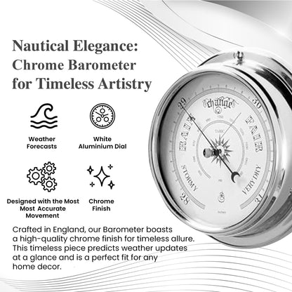Tabic Traditional Barometer with Heavy Brass Case, Chrome Plated, Handmade in England (1/2kg) - Weather Predictor for Home and Office - Mounted Atmospheric Pressure Gauge in Elegant Chrome Finish