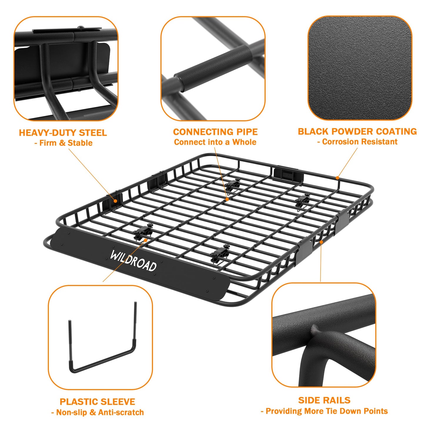Wildroad Roof Rack Cargo Basket, Upgraded 4” Fence Wide Car Roof Basket, 64"x 50"x 4" Universal Car Top Carrier Basket with Super Duty Bungee Cargo Net and Ratchet Straps Fits for SUV Truck Cars