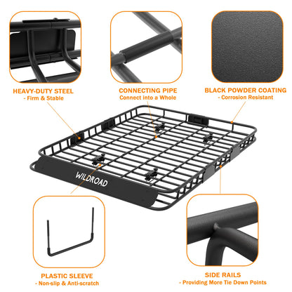 Wildroad Roof Rack Cargo Basket, Upgraded 4” Fence Wide Car Roof Basket, 64"x 50"x 4" Universal Car Top Carrier Basket with Super Duty Bungee Cargo Net and Ratchet Straps Fits for SUV Truck Cars