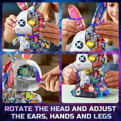 PIKARO Mechanical Bunny Rabbit Building Set for Boys Girls - Collection Animal Punk Style Toy Model Kit with LED Light Easter Halloween Birthdays Gift for Teens Kids Age 8 12 14（1377PCS）