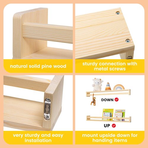 Fun Memories Nursery Book Shelves - Rustic Solid Wood Floating Bookshelf for Kids - 32-Inch Natural Wall Shelf (2-Pack)