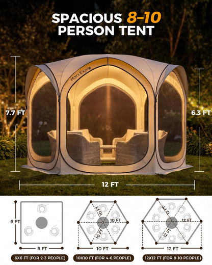 Mars Explo 12x12 FT Pop-Up Screen Tent, Portable Screen Room Canopy with Zipper Doors for Patio, Backyard, Deck & Outdoor Activities, Beige
