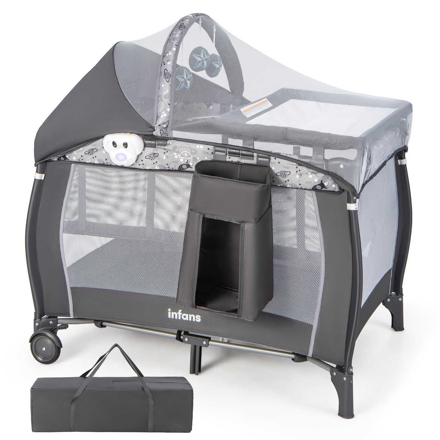 INFANS 4 in 1 Pack and Play, Portable Travel Baby Playard with Bassinet, Changing Table, Canopy, Mosquito Net, Hanging Toys, Music Box, Storage Bag, Large Playpen from Newborn to Toddlers (Grey)