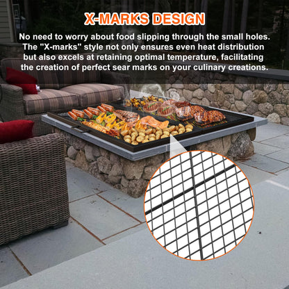 only fire Foldable X-Marks Fire Pit Cooking Grate, Portable Campfire BBQ Grill for Outdoor, Square Heavy Duty Steel Campfire Grill Grate with Handles, 36 inch