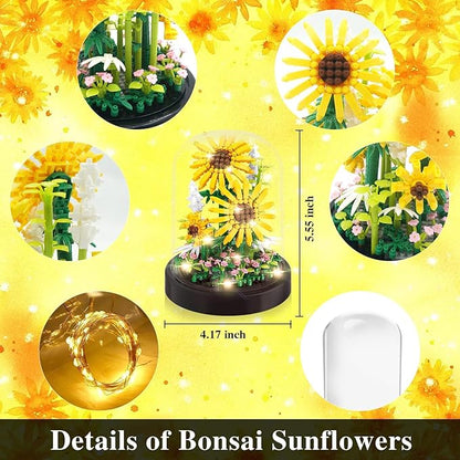2 Flowers Bouquet Sunflowers - Rose Building Kit Creative Bonsai Tree Succulents Plant Blocks with LED Light Botanical Collection Home Office Decor Ideal Gift for Lover Adult
