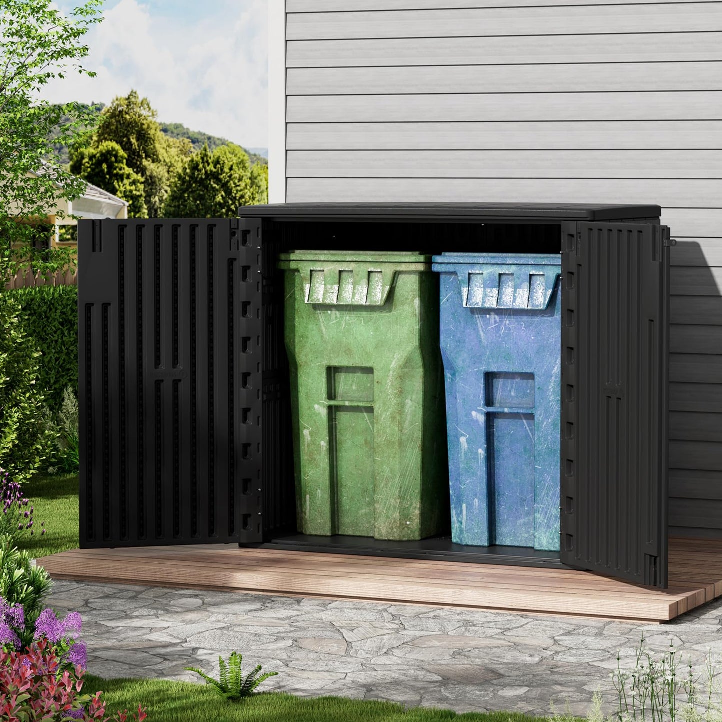 ZZM 37 Cu.ft Outdoor Storage Shed Double-Wall HDPE Storage Cabinet, Waterproof Plastic Sheds with Floor Horizontal Lockable Garden Tools Trash Can, Lawn Mower, Bike Storage, Black