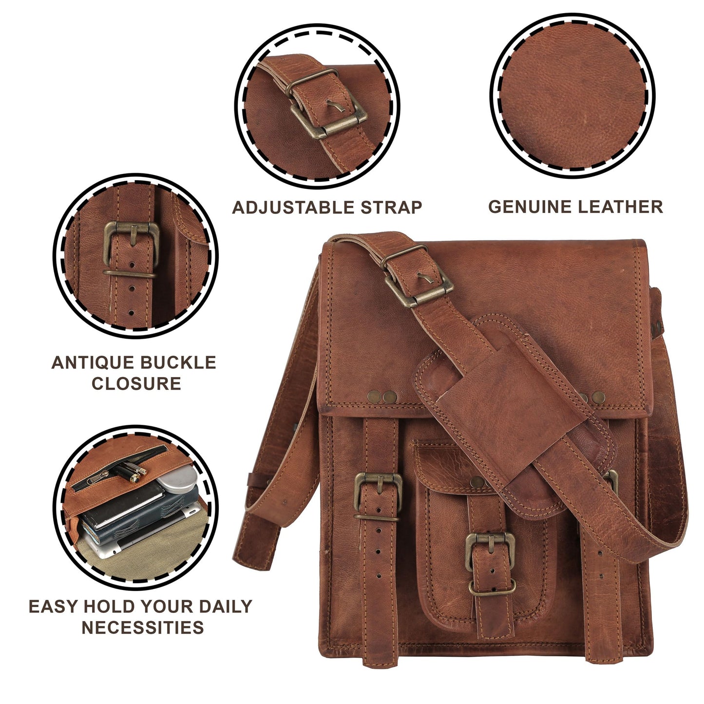 Komal's Passion Leather Sturdy Leather Messenger Satchel Bag 11 Inch Distressed Tan