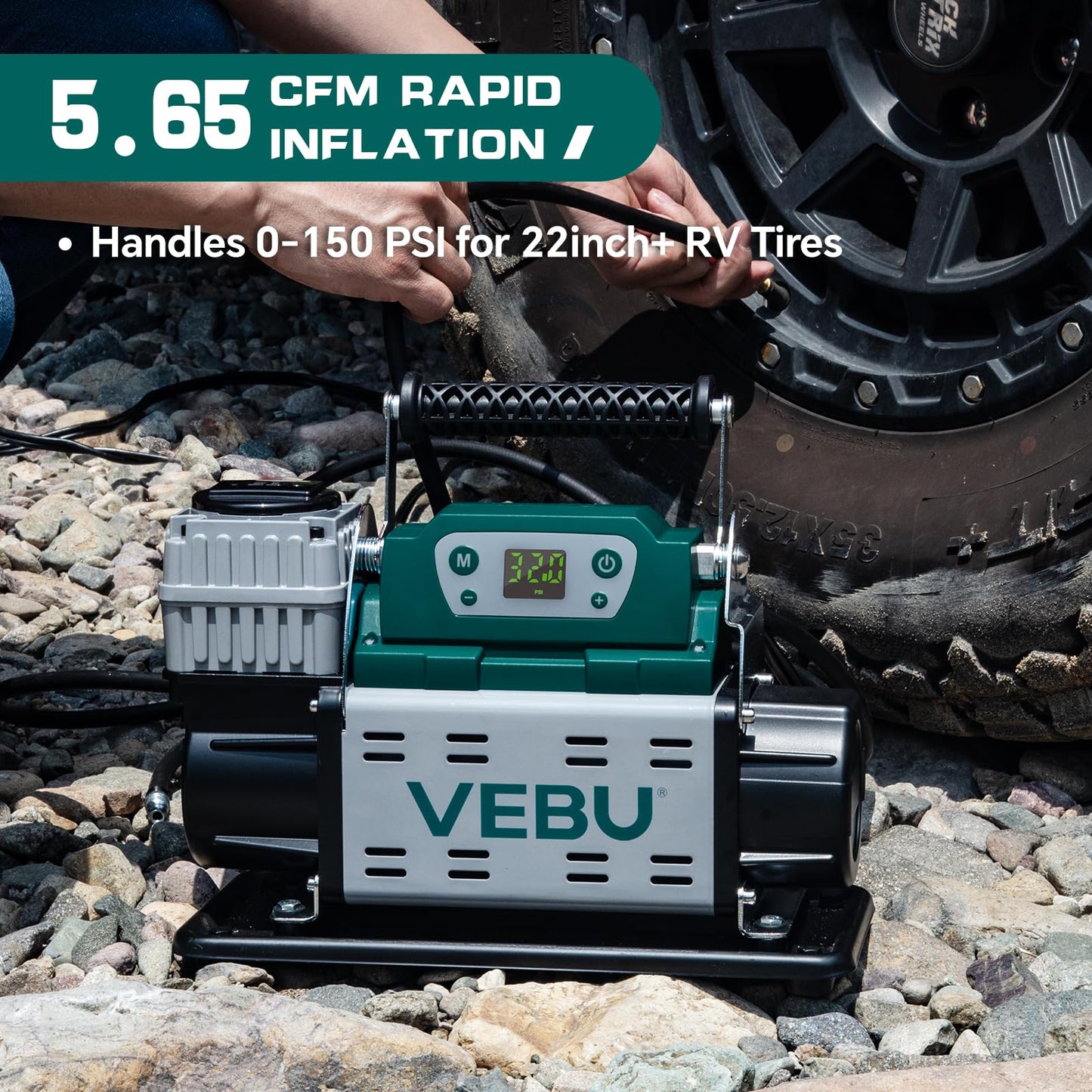 VEBU ‌RV Air Compressor 12V Tire Inflator, 150PSI with Auto Shut-off, Digital Display & Preset, 5.65CFM Fast Inflation for Off-road Vehicles, Trucks, SUVs, RVs, ATVs, Corded Electric