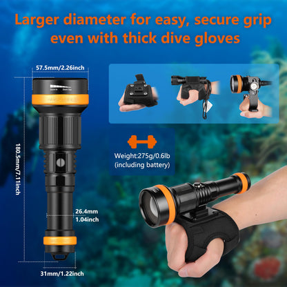 ORCATORCH ZD710 MK2 2-in-1 Zoomable Dive Light, 4-72 Degrees Adjustable Beam Scuba Diving Flashlight with 4 Modes, 920m Long Range, IP68 Waterproof Submersible Torch for Under Water Deep Sea Cave