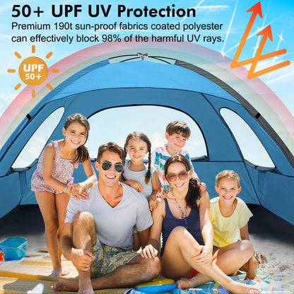 WhiteFang Beach Tent Anti-UV Portable Sun Shade Shelter for 6 Person, Extendable Floor with 3 Ventilating Mesh Windows Plus Carrying Bag, Stakes and Guy Lines (Blue)