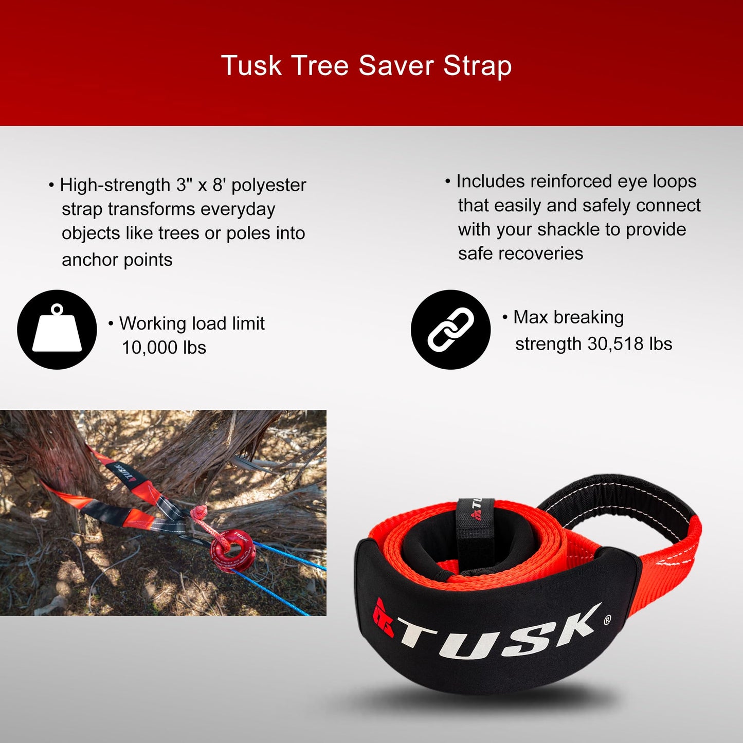 Tusk Heavy Duty UTV/ATV Kinetic Recovery Kit with Kinetic Rope (5/8” x 20’) Tree Strap (3' X 8') Aluminum Snatch Recovery Ring and Two Shackles (Stage 3, Synthetic)