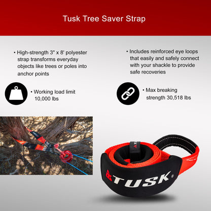 Tusk Heavy Duty UTV/ATV Kinetic Recovery Kit with Kinetic Rope (5/8” x 20’) Tree Strap (3' X 8') Aluminum Snatch Recovery Ring and Two Shackles (Stage 3, Synthetic)