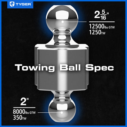 Tyger Auto Adjustable Drop Hitch Dual-Ball Mount with 2" and 2-5/16" Towing Balls | Fits 2" Receivers | 12500 lbs GTW | Aluminum | Trailers Boats ATVs RVs | TG-DB6U12047