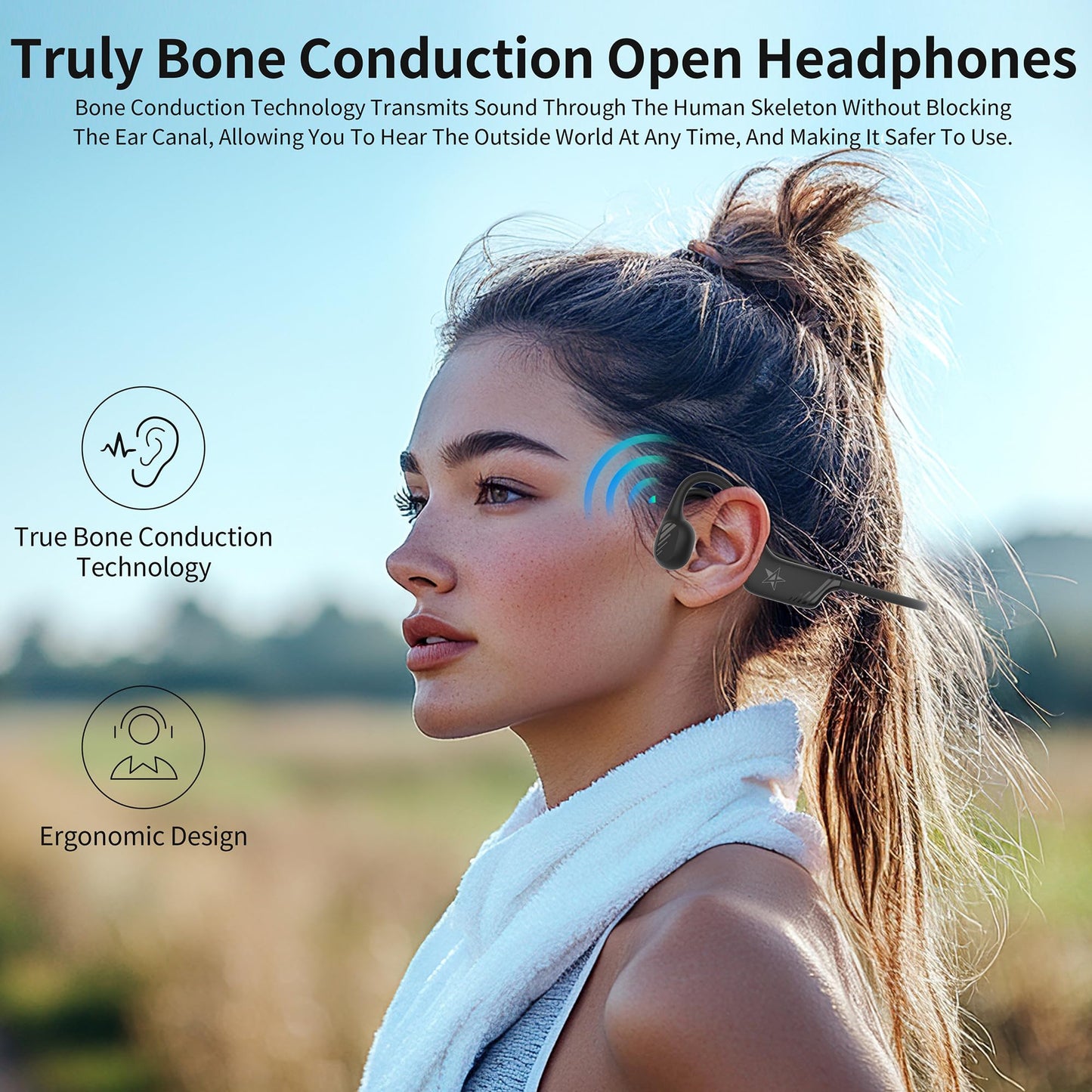Open-Ear Bluetooth Bone Conduction Sport Headphones Sweat Resistant Wireless Earphones Open Ear Earbuds Wireless Bluetooth Headset with Mic for Fitness Workouts Running,Built-in Mic,with Hair Band
