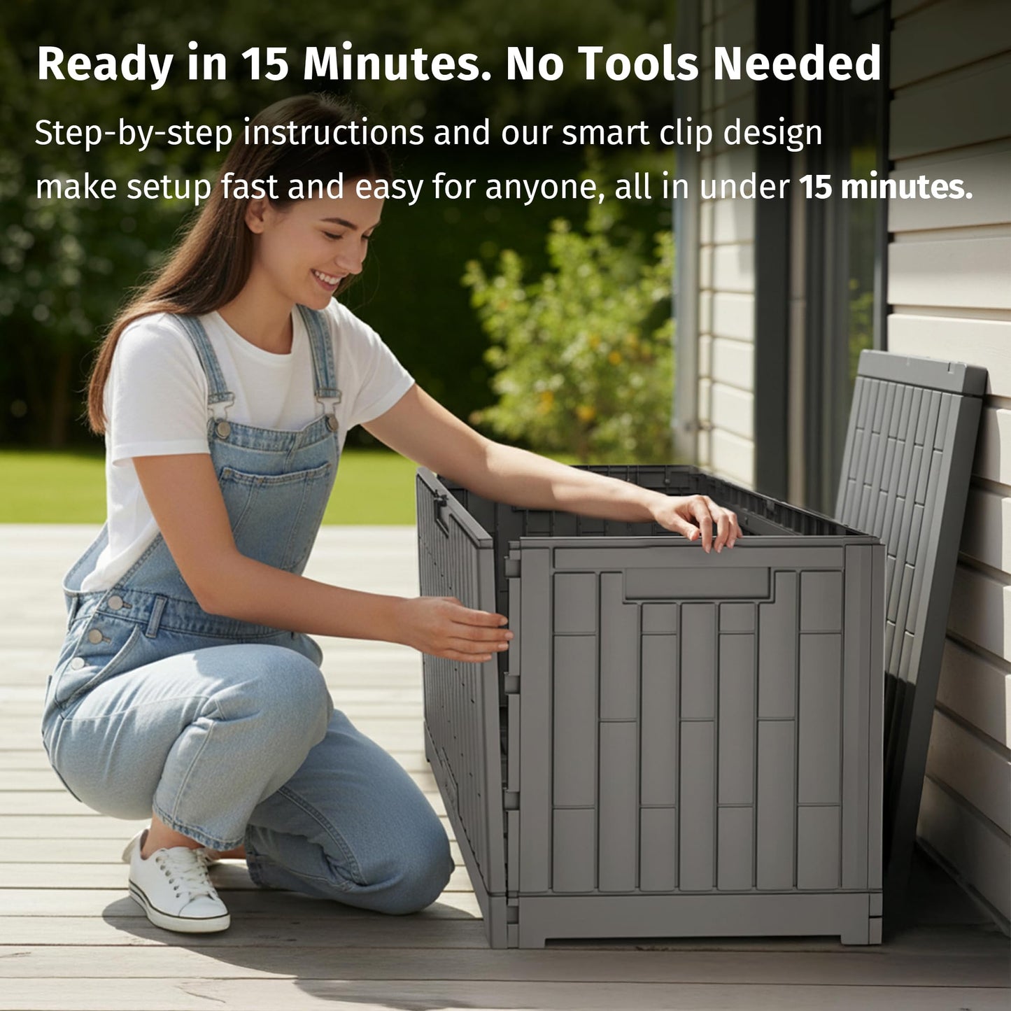 EAST OAK 120 Gallon Outdoor Storage Box, Large Resin Deck Box with Reinforced Stainless Steel Support, Waterproof & UV-Resistant Patio Storage Boxes for Cushions, Garden Tools & Pool Accessories, Grey