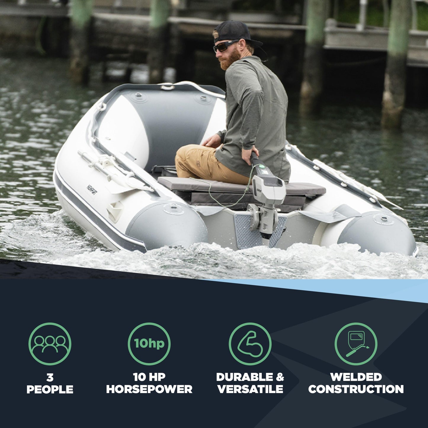Newport 8ft 10in Dana Inflatable Sport Tender Dinghy Boat - 3 Person - 10 Horsepower - USCG Rated, White/Gray