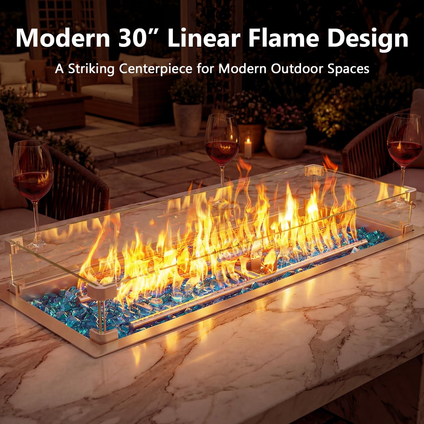 Hisencn 30 x 10 Inch Drop-in Fire Pit Kit, Premium Stainless Steel Modern Fire Trough with Tempered Glass Wind Guard, Built-in Outdoor Table Flame Feature for Patio, Backyard & Entertaining